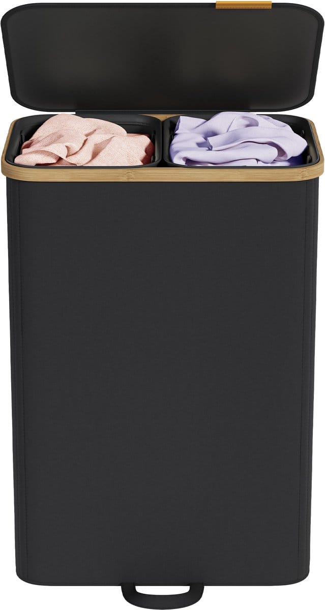 SONGMICS - Wasmand - Wasmand met Deksel - 2 Compartimenten - Uitneembare Waszak - 150 Liter Capaciteit