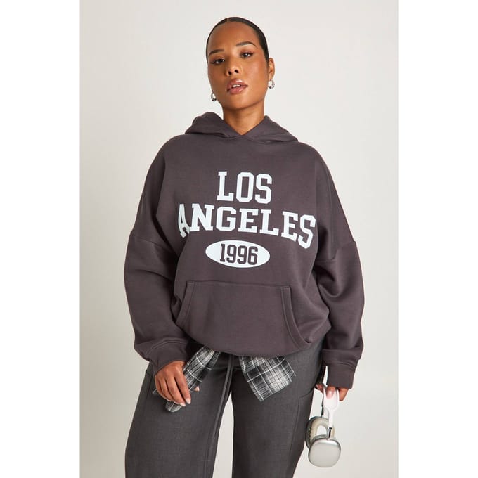 boohoo Dames Plus Los Angeles Oversized Hoodie | Houtskool | Maat: 56