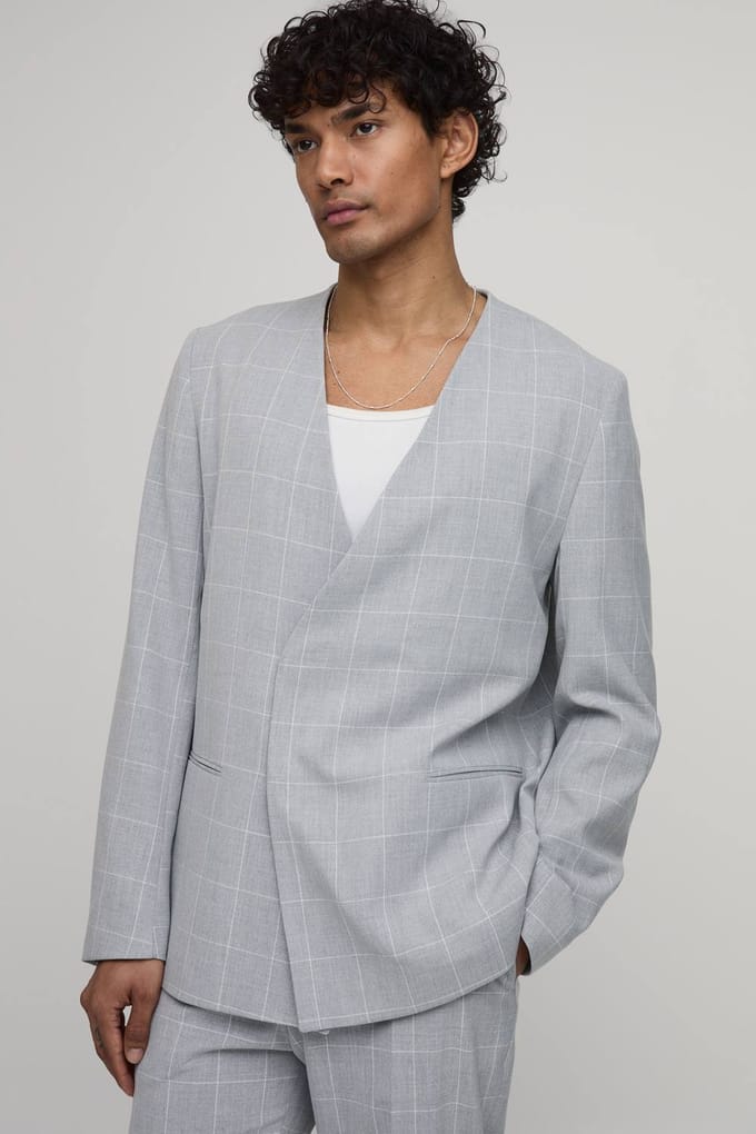Windowpane Checked Collarless Regular Fit Wrap Blazer | Grey | Size 50