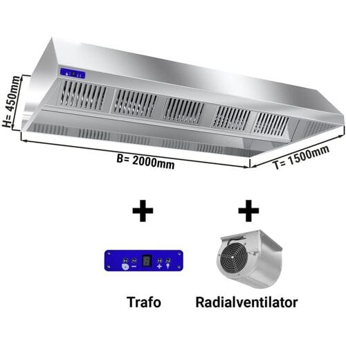 GGM Gastro Deckenhaube mit Motor - 2000mm - mit externen Regler, Filter & Lampe Zilver