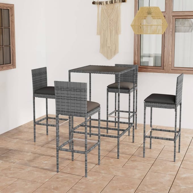 vidaXL - 5-delige - Tuinbarset - met - kussens - poly - rattan - grijs