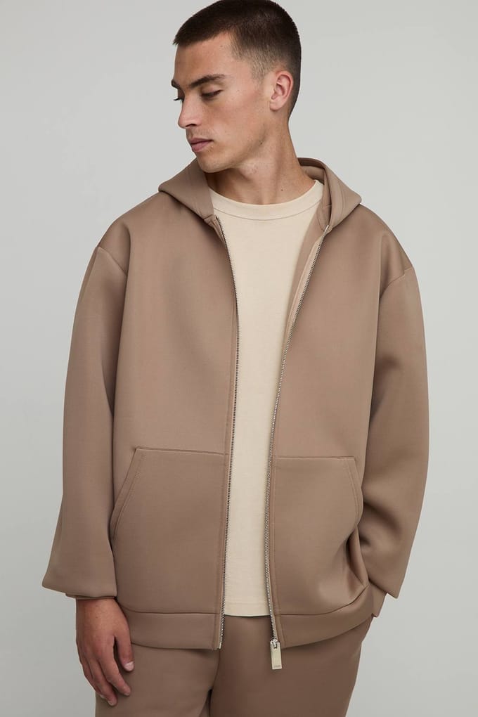 Oversized Bonded Scuba Hoodie met ritssluiting | Taupe | Size Medium