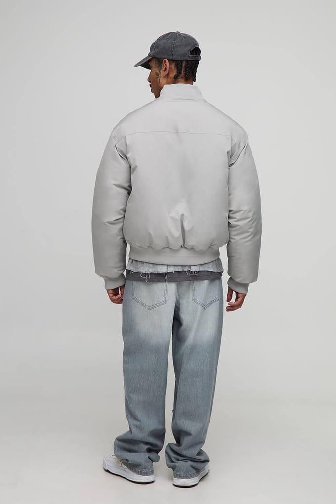 Oversized Bomberjack met naaddetail in gepeacht nylon | Light Grey | Size Medium