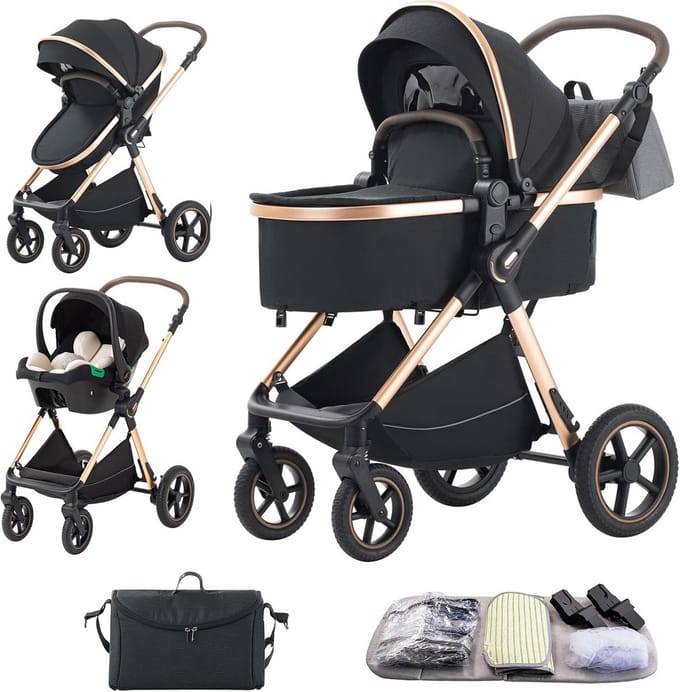3-in-1 Kinderwagen Compact Opvouwbaar met Aluminium Frame en Verstelbare Armleuningen