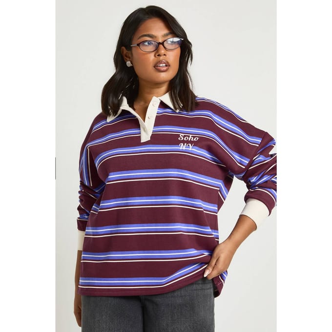 boohoo Dames Plus Soho NY Gestreept Rugby Sweatshirt | Bordeaux Rood | Maat: 50