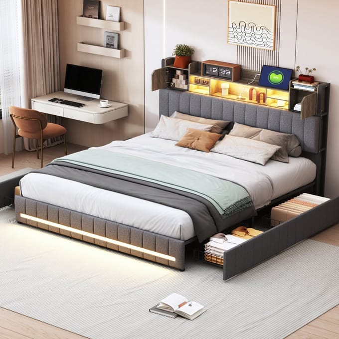 Opbergbed 140x190 cm grijs linnen met LED-verlichting, USB & Type-C, 4 lades en lattenbodem
