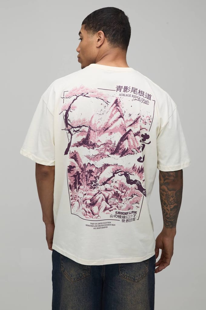 Oversized Kyoto Mountain Grafisch T-shirt | Ecru | Size Large