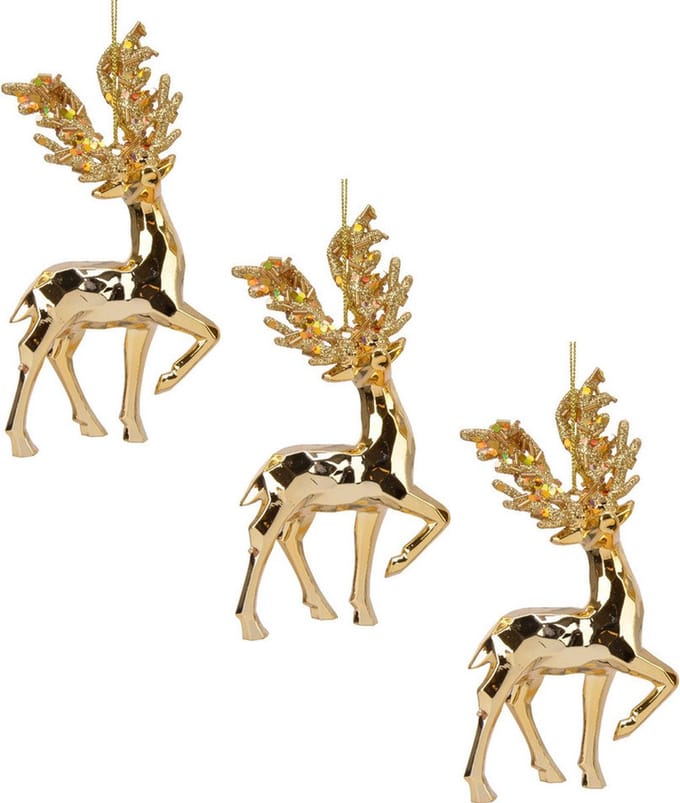 Decoris Kerstboomhanger rendier - 12x - 16 cm - goud - kunststof - feestelijk