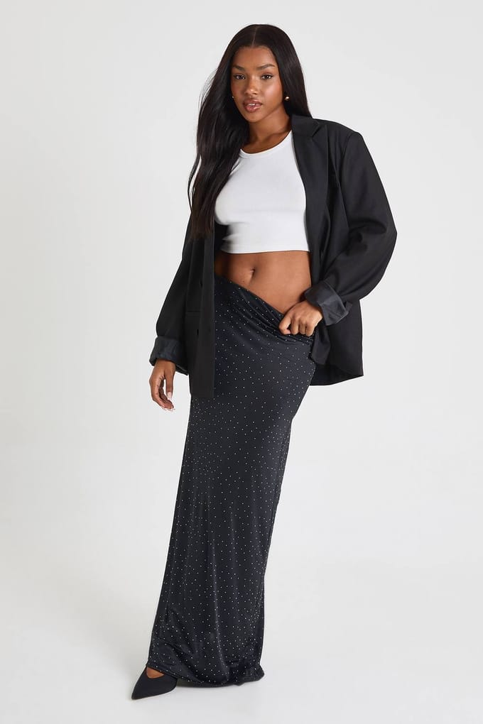 boohoo Dames Hotfix Slinky Maxirok met lage taille | Black | Maat: 10