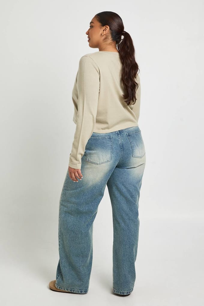 boohoo Dames Plus lange mouw gebreide ribtop | Taupe | Maat: 50