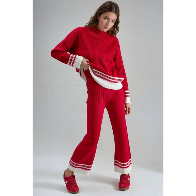 Gestreept Ribgebreid Co-Ord Set met Halve Col