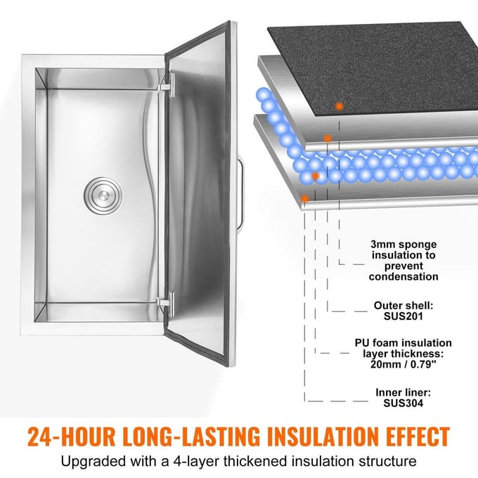 Bain à glace 24 x20 x15  Refroidisseur à glace Bac à glace Acier inoxydable avec couvercle