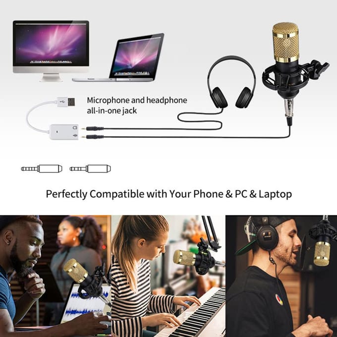 BM800 Professionele condensatormicrofoon Podcast Live-uitzendingsapparatuur USB-MIC-microfoonset zilver