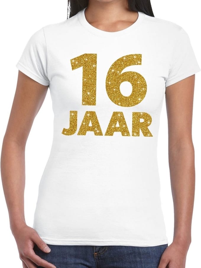 16 jaar goud glitter verjaardag t-shirt wit dames - verjaardag shirts S