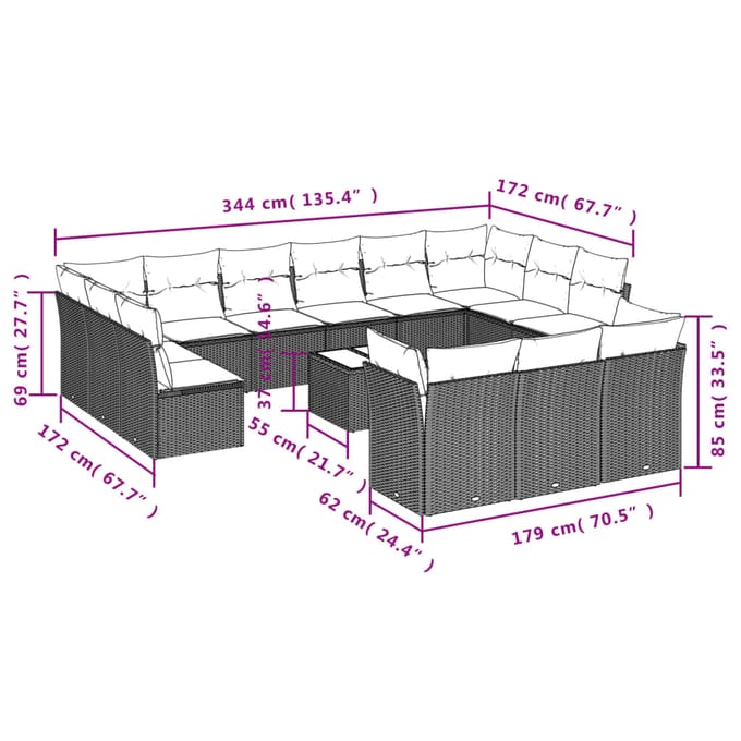 vidaXL - 14-delige - Loungeset - met - kussens - poly - rattan - beige