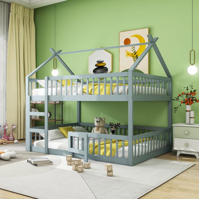 OKWISH Eenpersoonsbedden 140x200 cm - Kinderbed Met Trappe En Openslaande Deur - Hout - Grijs