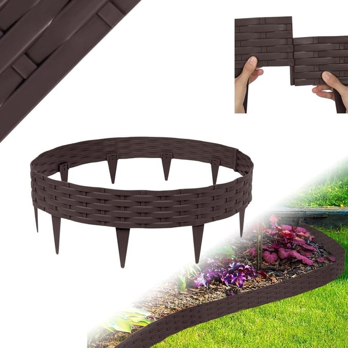 Flexibele Gazonrand - Tuinbegrenzing Palissade - Bloembedden Afscheiden - Rotanlook Kunststof - 5 Meter Set - Bruin