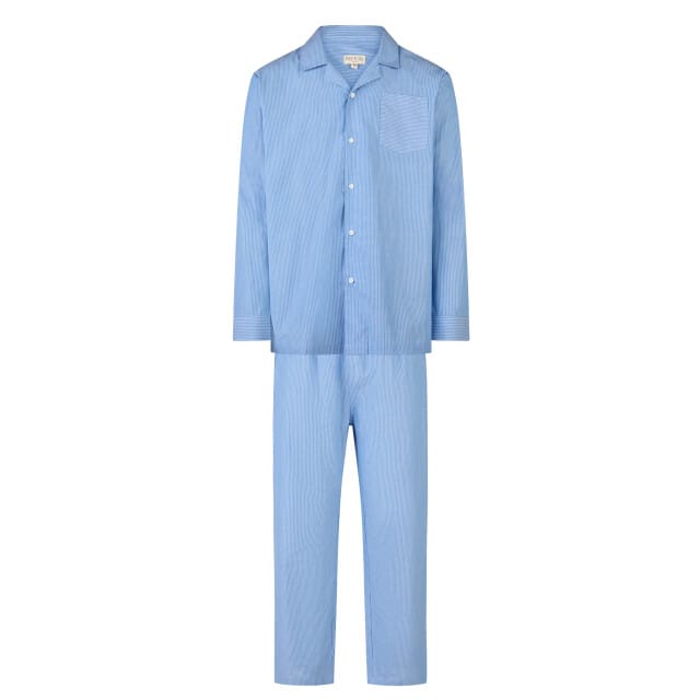 Phil & Co Heren Pyjama Set Lang Geweven Katoen Lichtblauw Gestreept - Met Knoopsluiting - Maat M