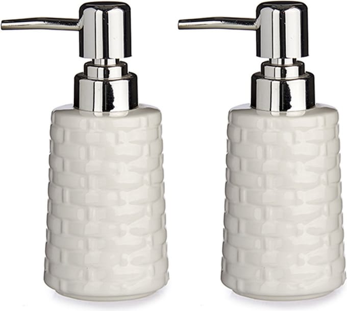 Berilo Zeeppompje/dispenser - 2x - keramiek - wit - zilver - 150 ml - navulbaar - toilet/badkamer/toilet
