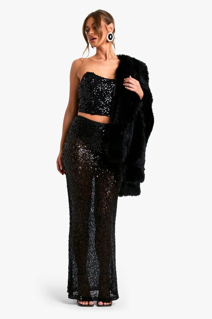 boohoo Dames Pailletten strapless longline korset | Black | Maat: 14