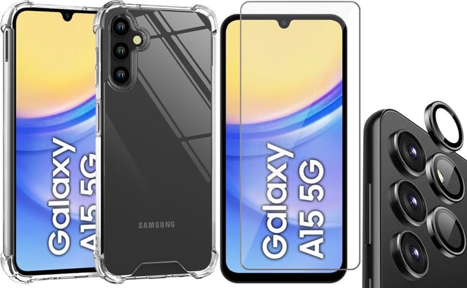 Hoesje geschikt voor Samsung Galaxy A15 - Screenprotector Glas & Camera Protector - Shockproof Transparant