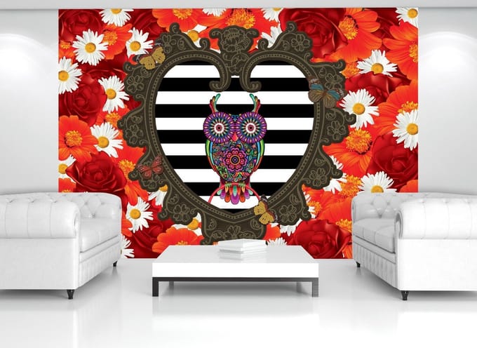 Floral Heart Owl Red Photo Wallcovering
