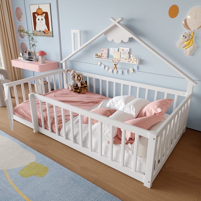 Kinderbed - 90 x 190 cm - Huisframe met Vergrendelbaar Hek - Grenenhout - Wit