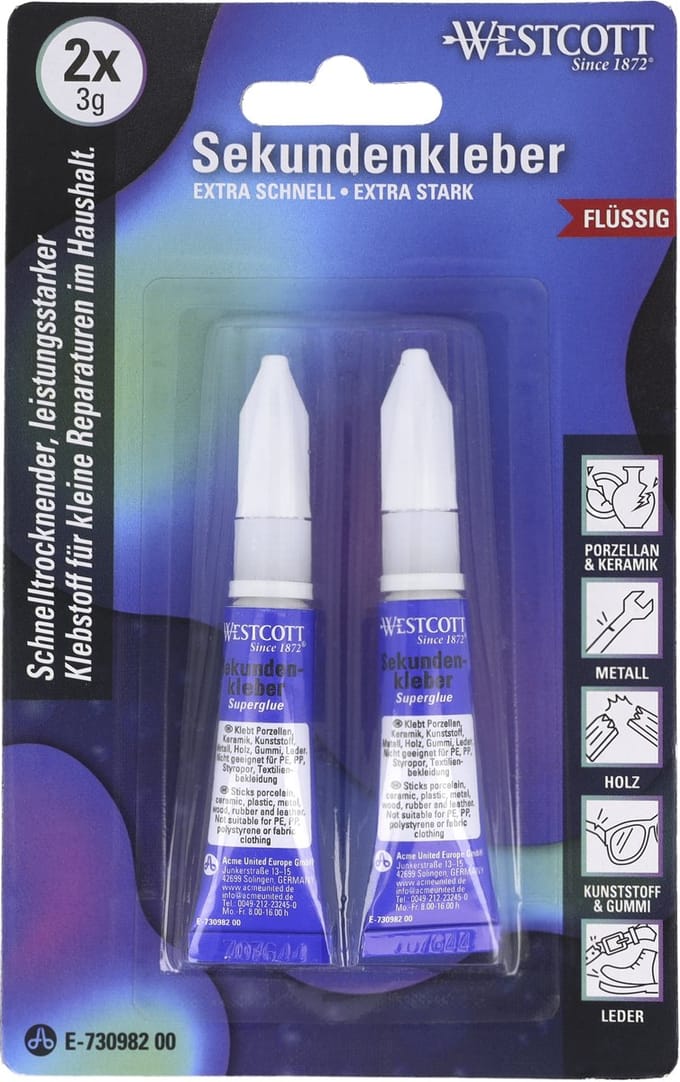 Westcott secondelijm - vloeibaar - 3 gram - 2 stuks op blister - AC-E730982
