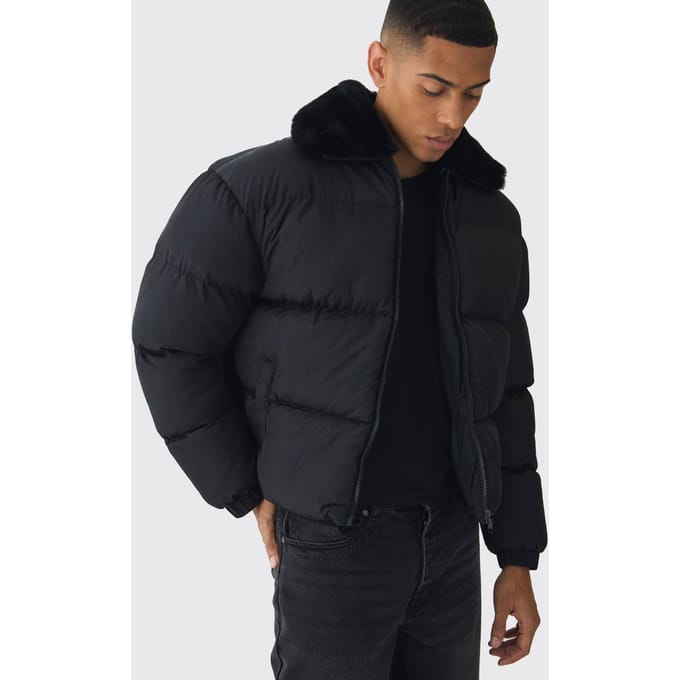Boxy Namaakbontkraag Pufferjack in Zwart | Black | Size Medium