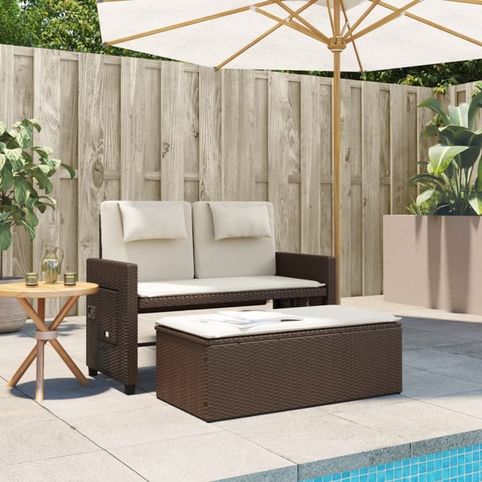 vidaXL - Tuinbankje - verstelbaar - met - kussens - poly - rattan - bruin