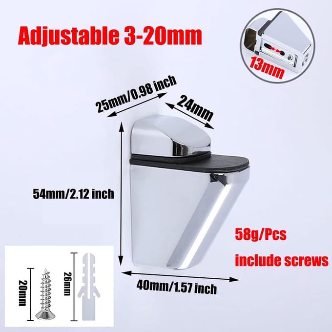 4x Glazen Plankhouders Zinklegering, Verstelbaar voor 3-20mm Glas