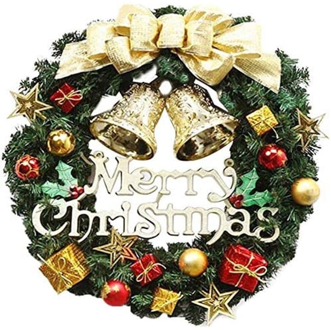 Kerstkrans-Groen-Rood-30cm-Ronde-Deurkrans-Gouden-Lint