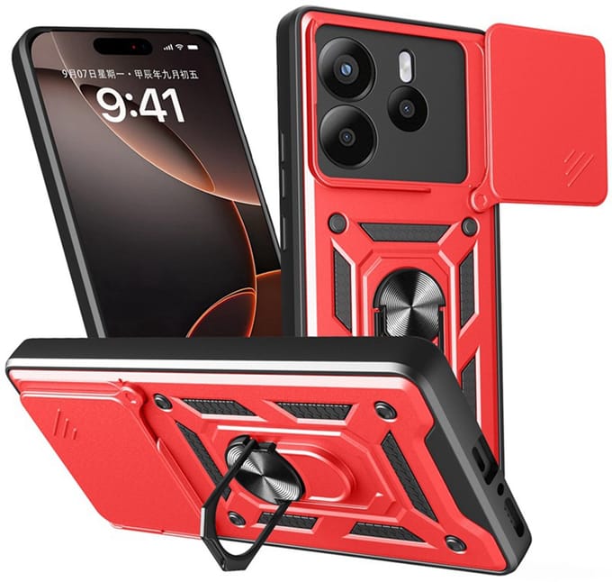 MobyDefend Hoesje - Geschikt voor Xiaomi Redmi Note 14 5G - Pantsercase Met Draaibare Ring - Rood