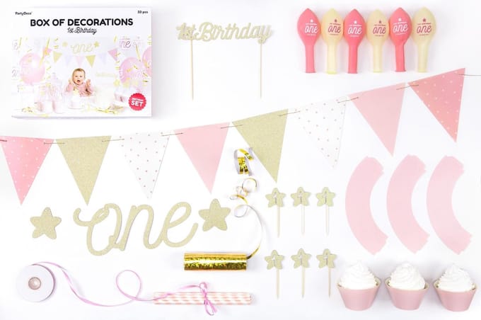 Feestdecoratie set - 1e verjaardag versiering Roze meisje 9 delig.