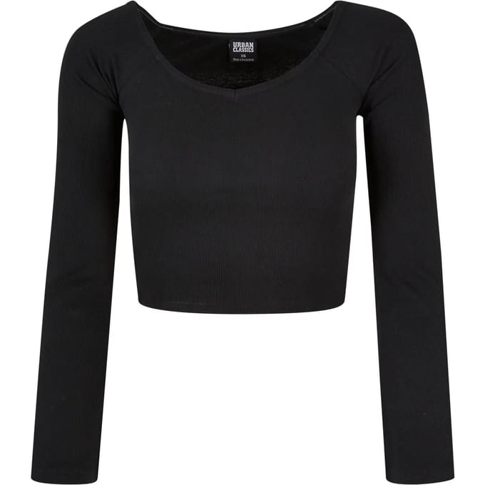 Urban Classics - Short Rib Wide V-Neck Longsleeve top - 4XL - Zwart