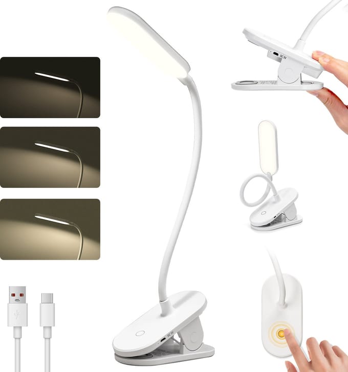 Aigostar LED Bureaulamp Klem - 3 Helderheidsmodi - USB Oplaadbaar - Dimbare Leeslamp - 4000K - Wit