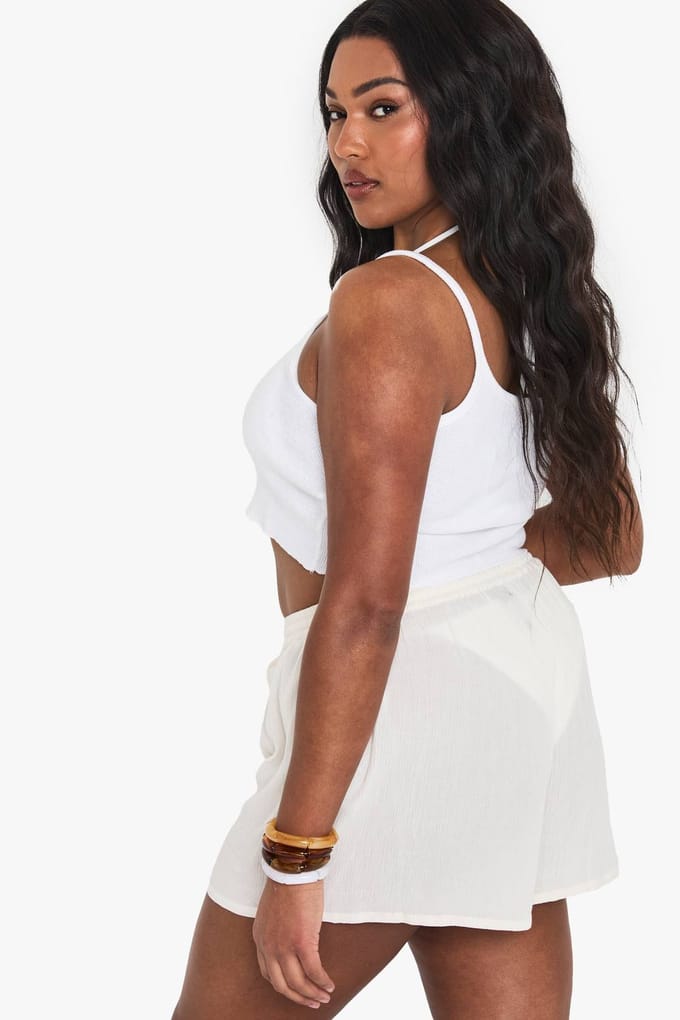 boohoo Dames Plus kaasdoek strandshorts | Ecru | Maat: 28