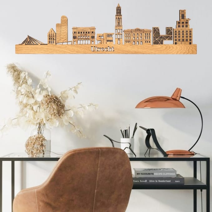 Skyline van Utrecht - Eikenhout - 110cm - Wanddecoratie van hout