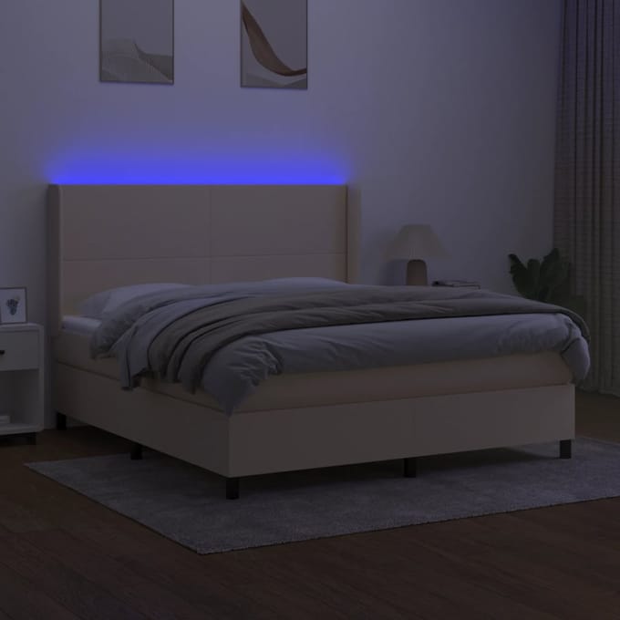 vidaXL - Boxspring - met - matras - en - LED - stof - crèmekleurig - 180x200 - cm