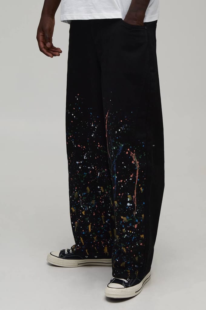 Barrel-pijp Broek Met Gebogen Naad En Verfspetters | Black | Size Medium