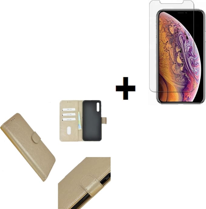 Geschikt voor iPhone 11 Pro Max Hoes Cover Wallet Book Case Goud + Screenprotector Tempered Gehard Glas