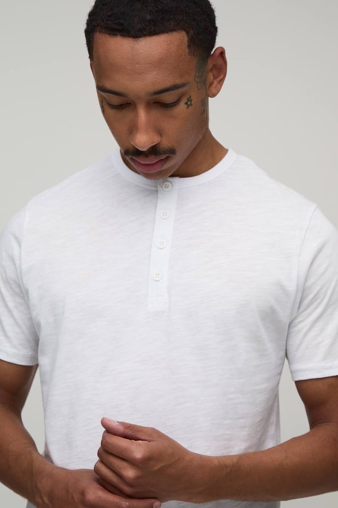 Slim Fit Slub Henley T-Shirt | White | Size Medium