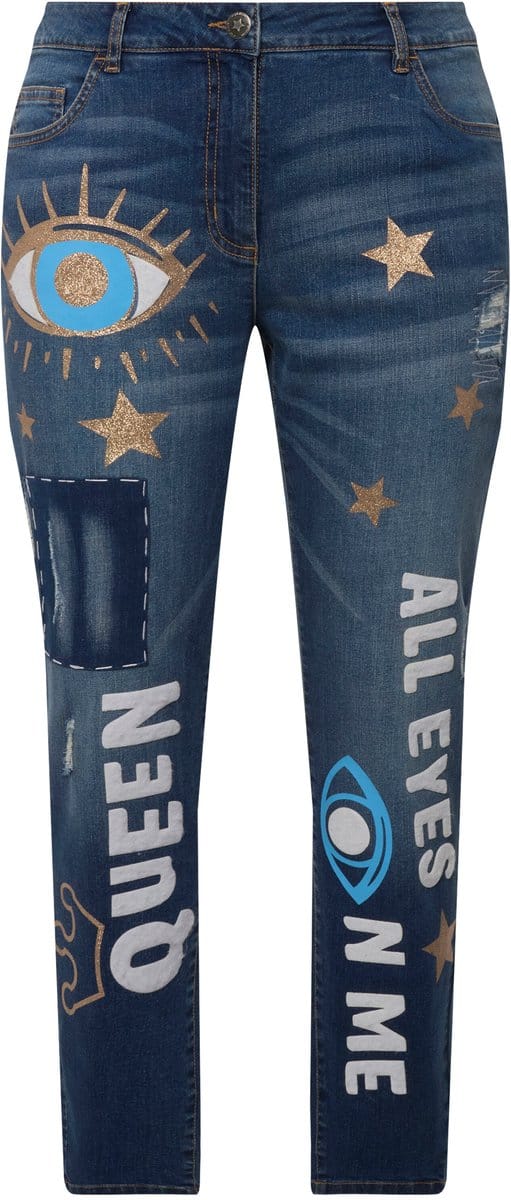 Angel of Style - Dames - Jeans wash-out modieuze print 5-pocket - Blauw denim - Maat 50