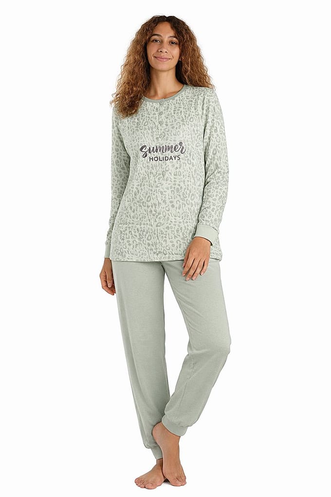 Dames pyjama katoen - groen - cheeta - Maat S