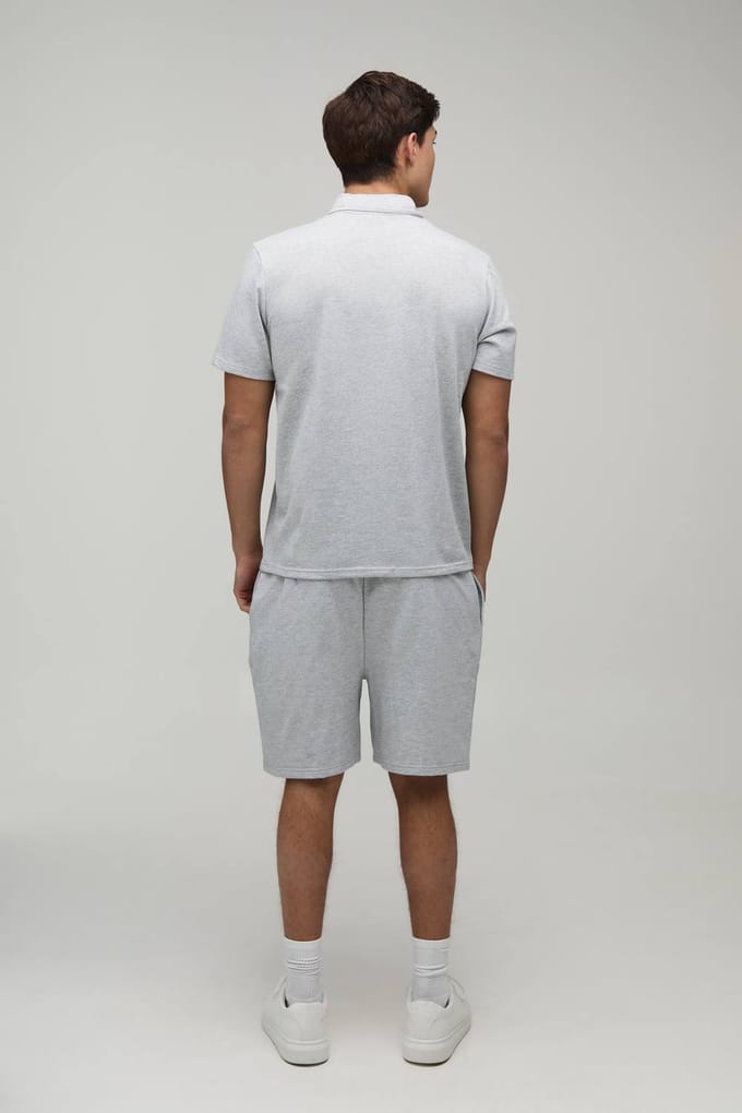 Regular Fit Polo En Short Set Met Naaddetail En 1/4 Rits | Grey Marl | Size Medium