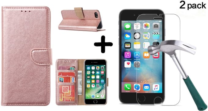 Hoesje Geschikt voor iPhone SE 2022 / 7 / 8 hoesje wallet case Rosegoud met 2 pack Screenprotector
