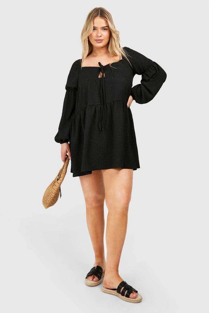 boohoo Dames Plus Gestructureerde Gelaagde Smock Jurk | Zwart | Maat: 44