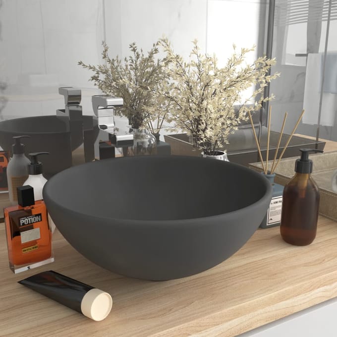 vidaXL - Wastafel - rond - 32,5x14 - cm - keramiek - mat - donkergrijs
