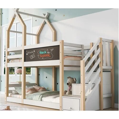 ModernLuxe Cabine stapelbed 90x200cm met opbergtrap en een schoolbord - lattenbodems - Wit