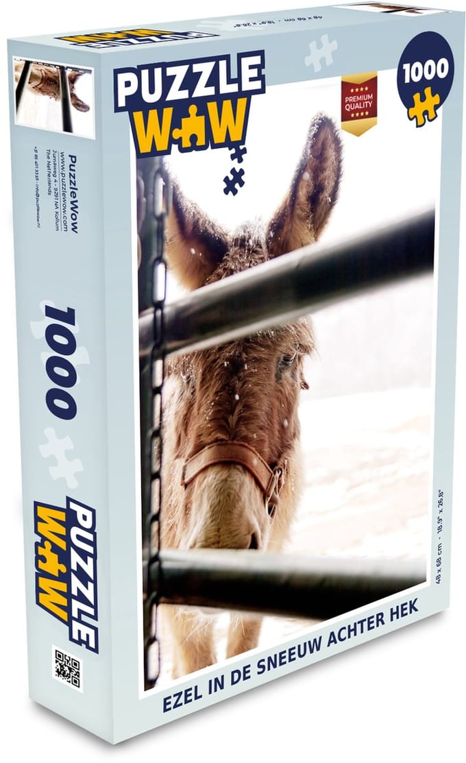 Puzzel Ezel in de sneeuw achter hek - Legpuzzel - Puzzel 1000 stukjes volwassenen